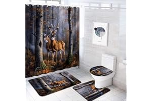 ZNLSU 4 Pcs Deer Forest Shower Curtain Sets Rustic Wild Animal Deer Elk Moose Birch Tree Forest Lodge Hunting Camping Vintage Farmhouse Bathroom Curtain,Bath Mat,Toilet Seat Cover, U-Shaped Rug