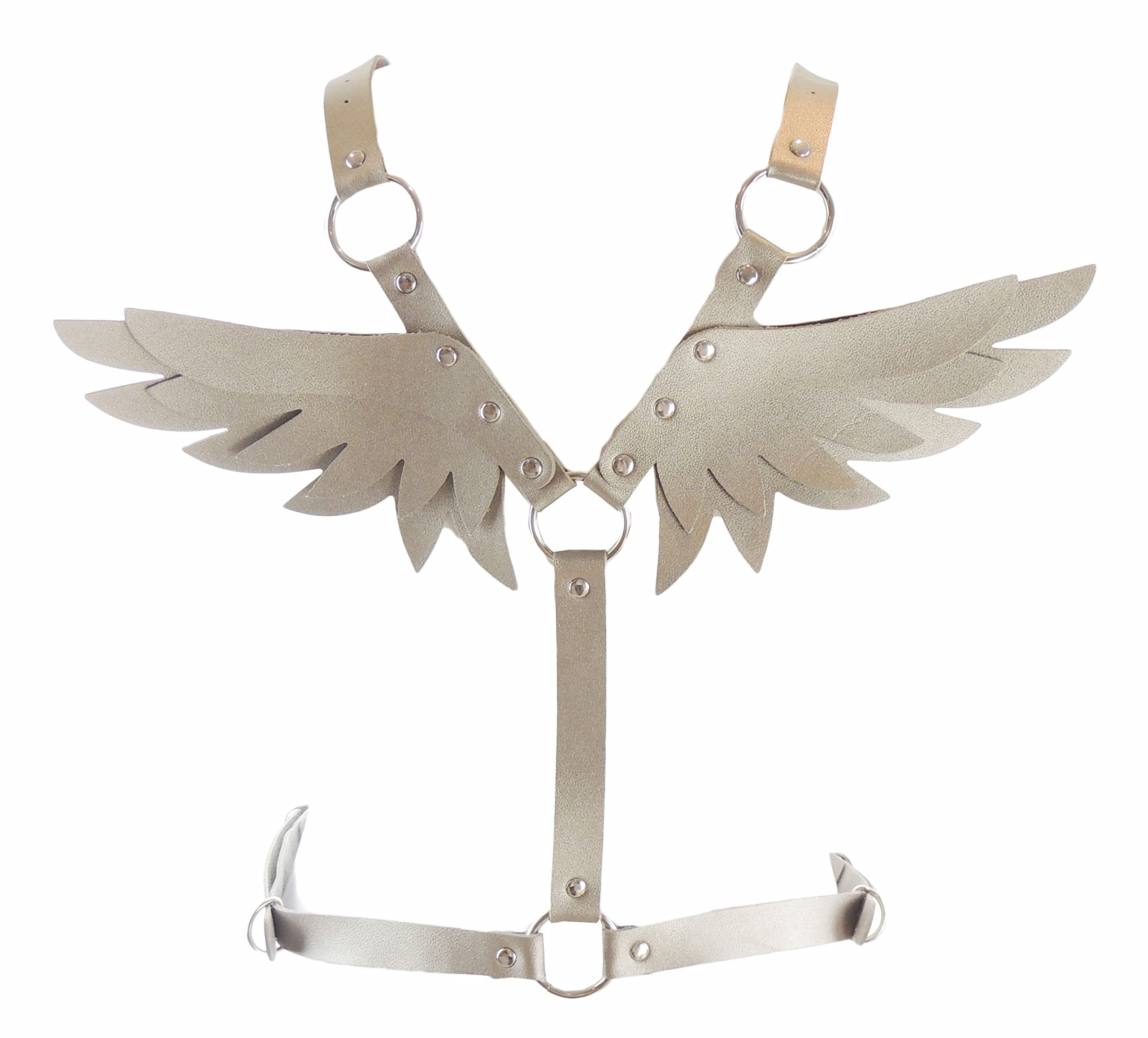 Glamour Girlz Women O Ring Studded Metal Buckle Cosplay Rave Festival Club Halloween Costume Party Biker Rock Gothic Punk Fancy Dress Body Chest Waist Cage Harness Belt Accessory Wings (Dark Grey)