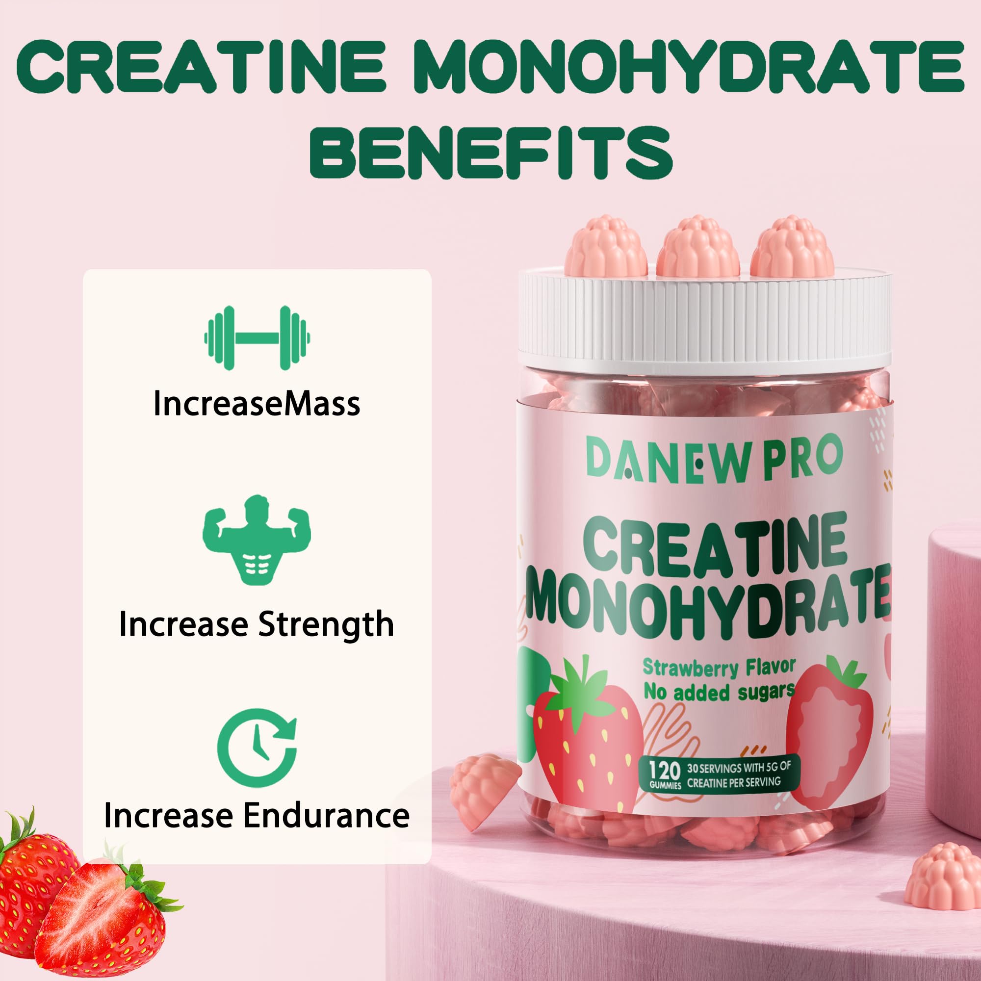 DANEW Pro Creatine Monohydrate Gummies for Men & Women, Creatine Monohydrate for Muscle Strength, Muscle Builder, Energy Boost, Pre-Workout Supplement(120 Count)-Strawberry Flavor