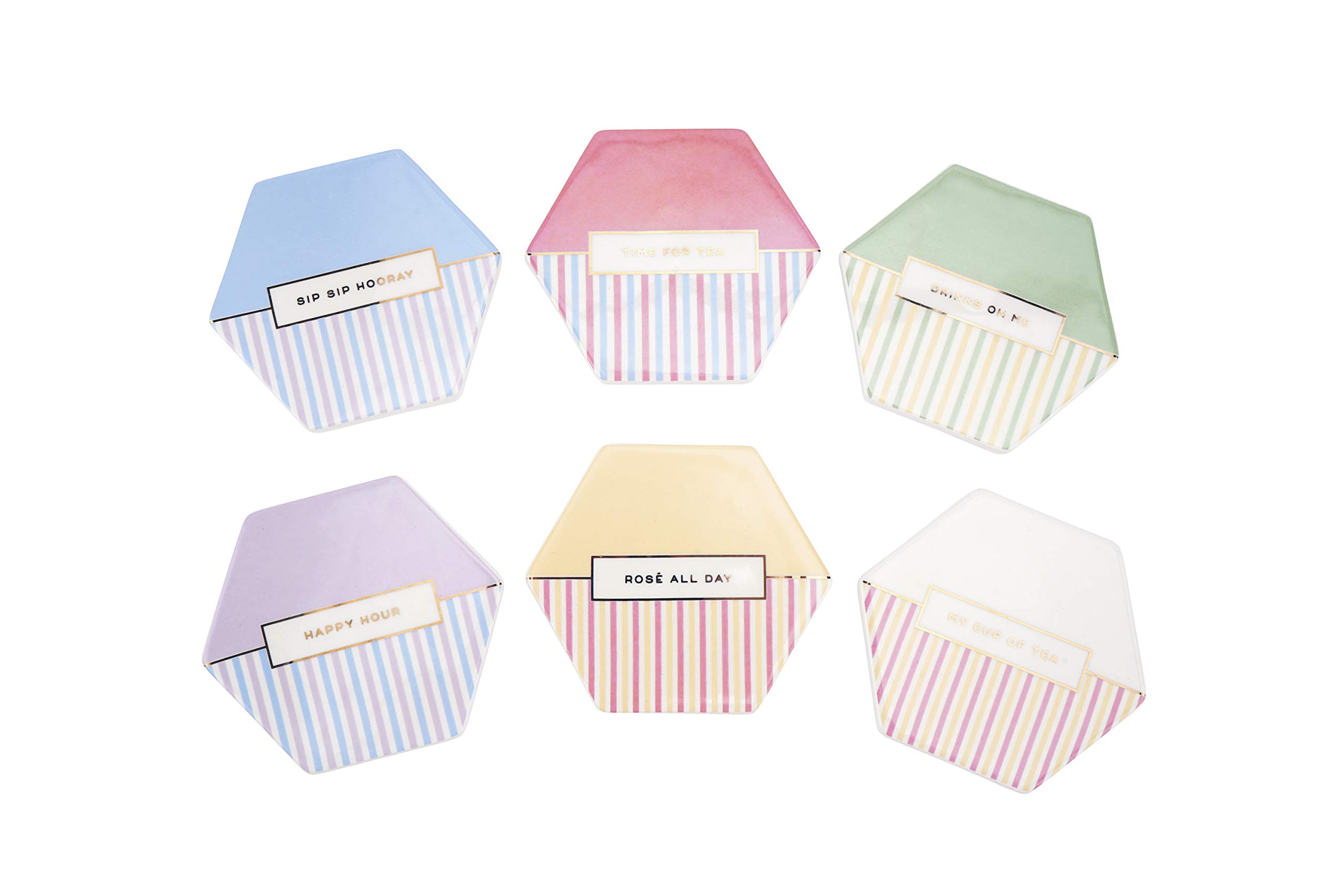 CGB Giftware | Set of 6 Willow & Rose Ceramic Hexagon Shaped Coasters | 6 Separate Quotes and Colours | For Your Mugs and Glasses | Willow & Rose Range | GB03245