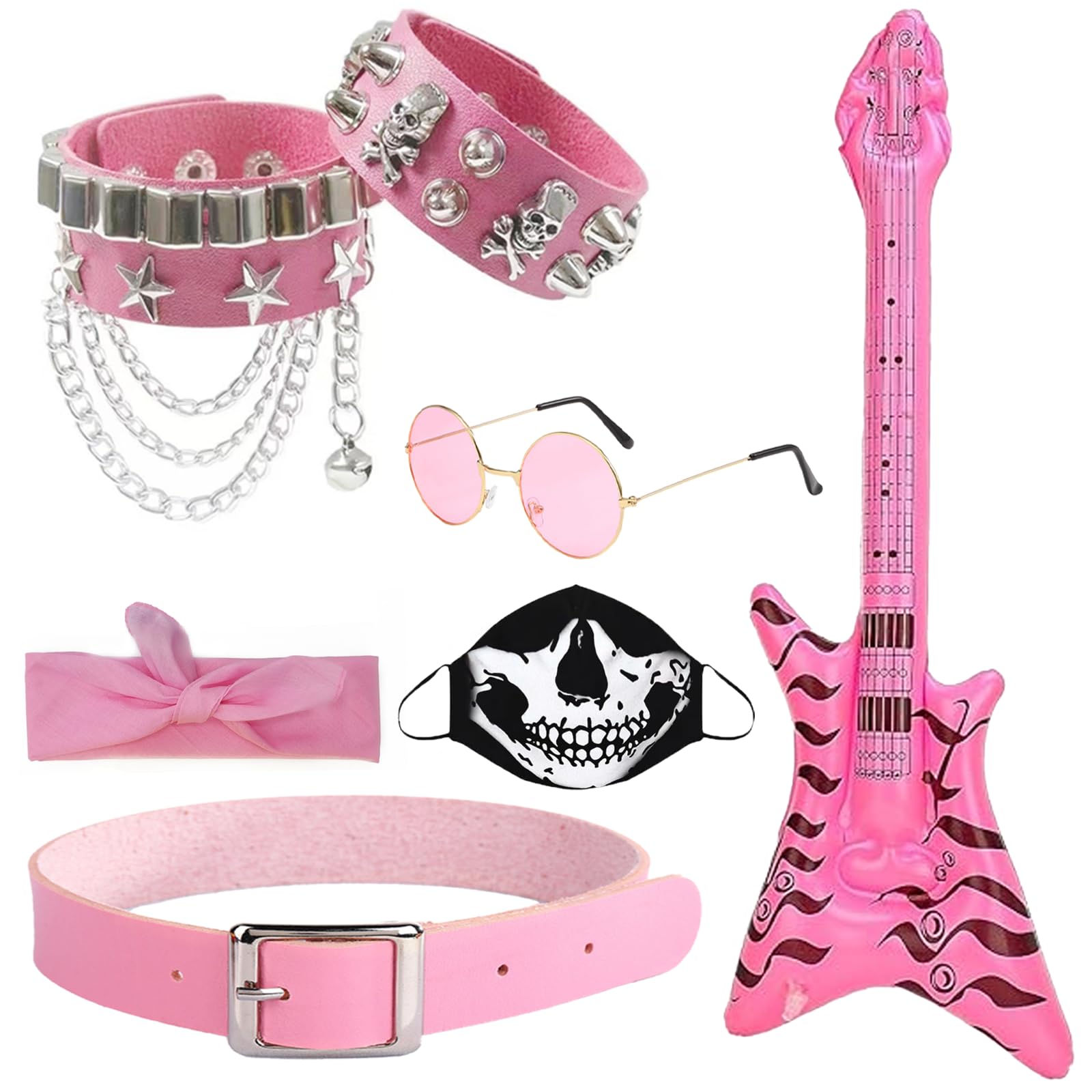 Bettinay 7PCS Rock Star Fancy Dress, Punk Gothic Rocker Costume Set, 70s 80s 90s Rockstar Disco Costume Accessories