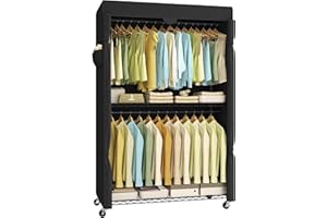 SONGMICS Heavy-Duty Rolling Clothes Rack, Garment Rack, Portable Closet, 43.3-Inch Wide Clothing Rack on Wheels, with Adjustable Mesh Shelves and Hanging Rails, Fabric Cover, Ink Black ULGR415B01