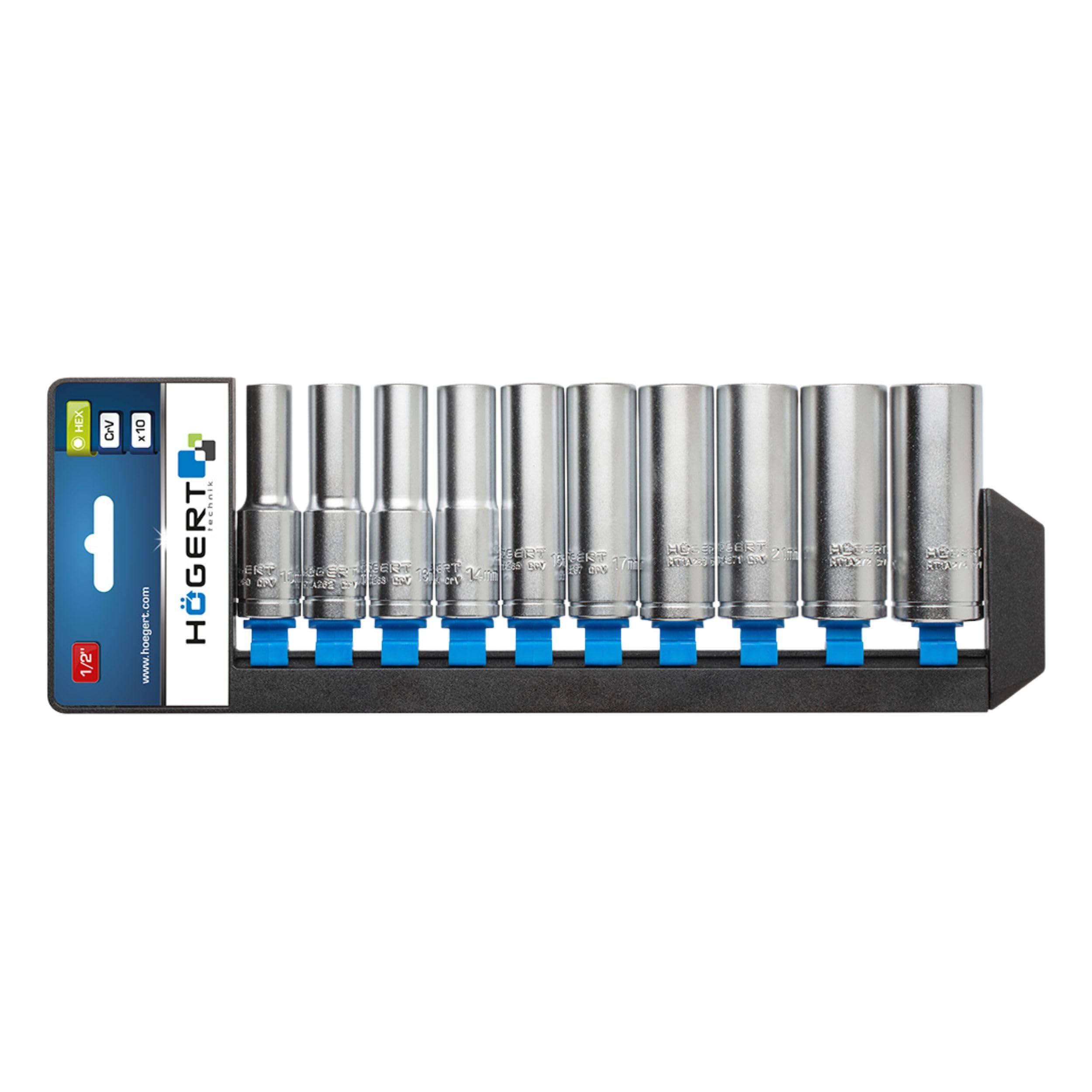 HÖGERT TECHNIK HT1A888 Socket Set I Chrome Vanadium Steel Alloy I Socket Wrench Set I Tool Box I Long, Black/Blue/Grey, 76 mm, Black/Blue/Grey