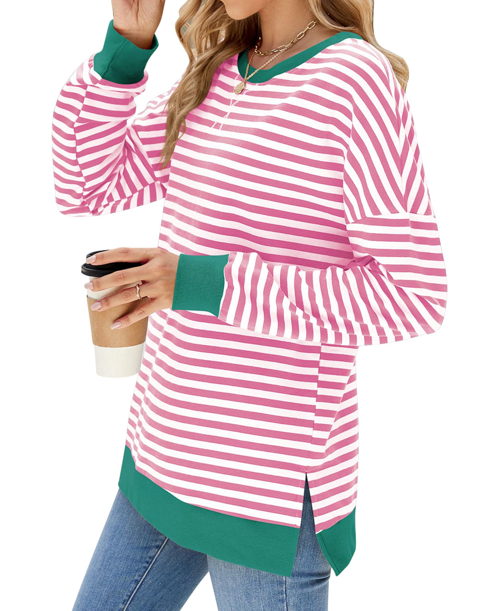 Photo 1 of Fashionme Womens Long Sleeve T-Shirts Shirts Tunic Tops Sweatshirt Fall Spring Striped Side Slit Thin Trendy Loose Casual Tops 2024 Fashion