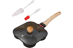 Kuci 4-Cup Egg Frying Pan Nonstick with Spatula & Brush - Marble Coated Aluminum Skillet for Eggs, Pancakes, Bacon (Black, 4 