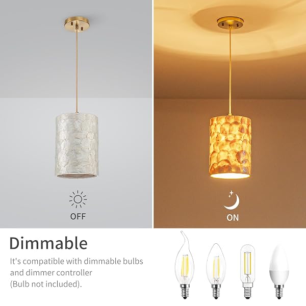 LUMFURN 1-LIGHT CAPIZ SHELL CHANDELIER, COASTAL DESIGN, MODERN PENDANT LIGHT FIXTURE FOR DINING ROOM, LIVING ROOM, KITCHEN ISLAND, D7 X H18~66″(ADJUSTABLE HEIGHT), SHELL LAMPSHADE & GOLD FINISH FRAME