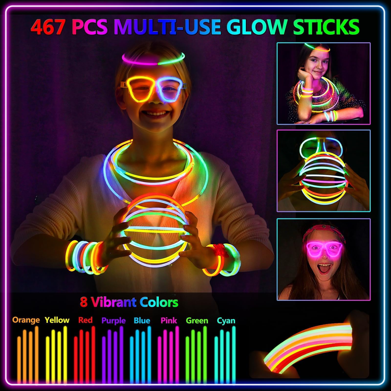 BUDI 467Pcs Glow Sticks - Halloween Party Favors Glow in the Dark Party Supplies for Kids Adults 4th of July Accessories Neon Decors Glowsticks Bulk 8 Inch & Connectors Necklace Bracelet Glasses
