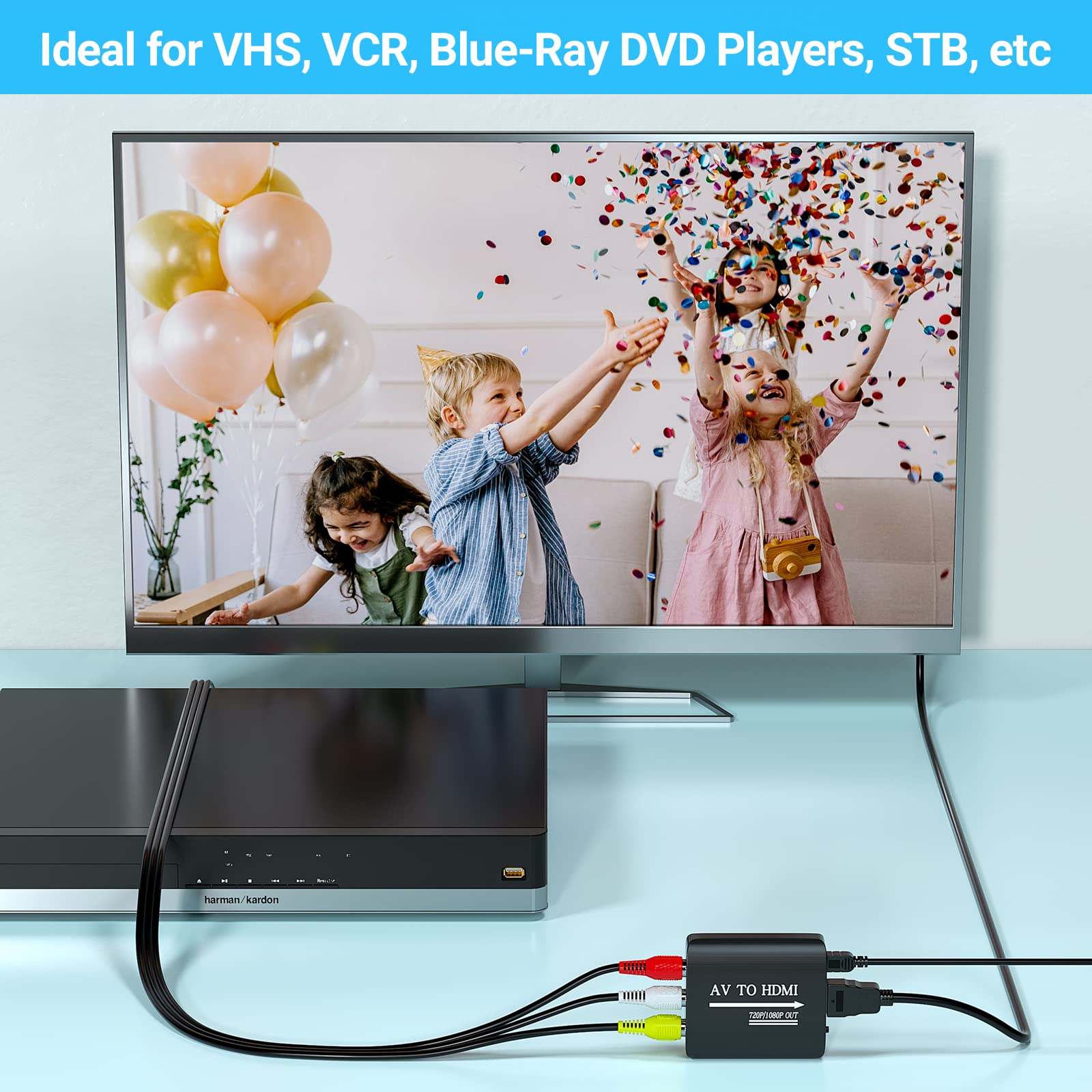GINGIN RCA to HDMI Converter, AV to HDMI Converter for TV/PC/N64/Wii/PS1/PS2/PS3/STB/Xbox/VHS/VCR/Blue-Ray DVD Players, with RCA and HDMI Cables