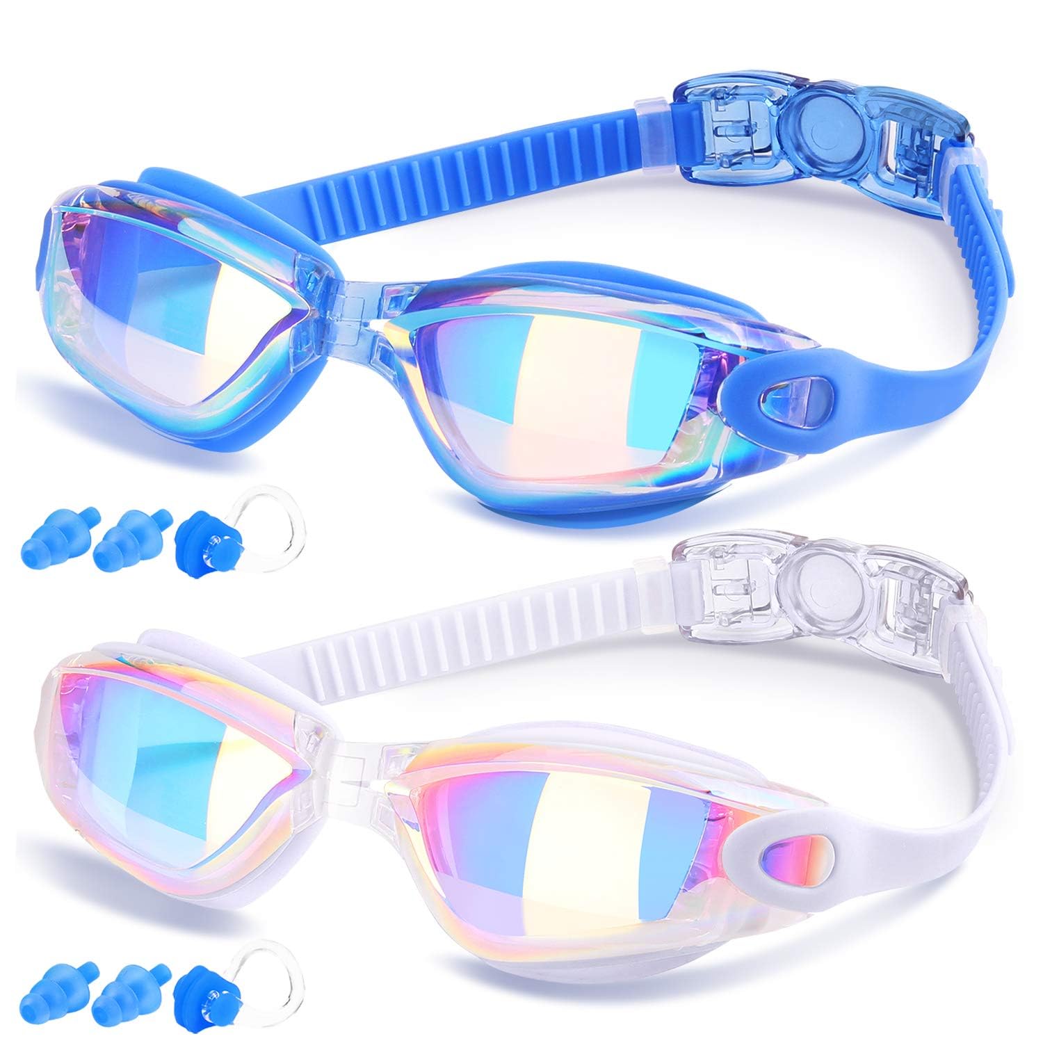 COOLOO Swimming Goggles, 2 Pack Swim Goggles for Adult Men Women Youth Kids 8+, Anti-Fog UV Protection No Leaking Nose Clip and Earplugs