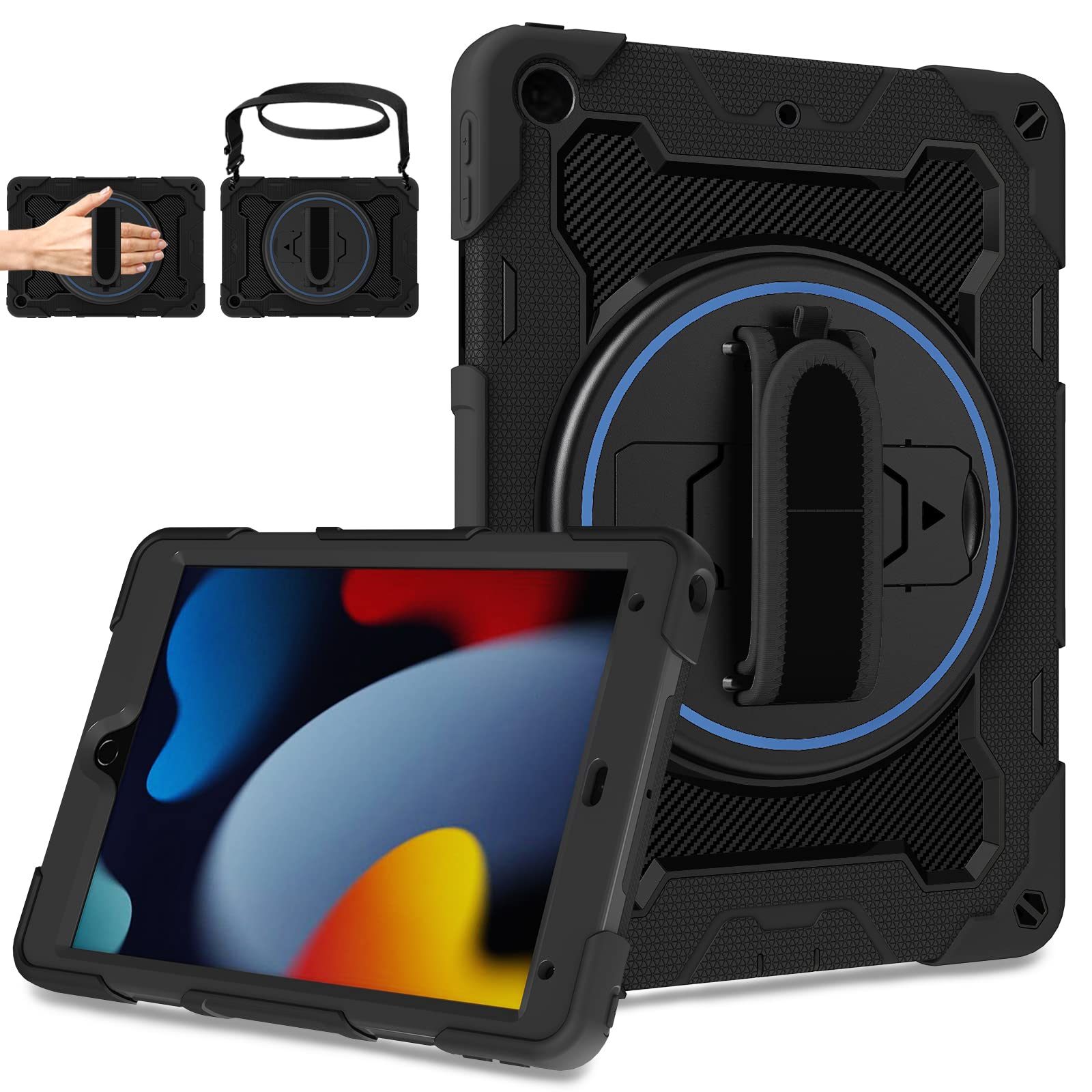 ROSROME for iPad 9th/8th/7th Generation Case 10.2 Inch, Shockproof Case with Screen Protector, Rotating Stand/Hand Strap/Shoulder Strap/Pencil Holder for iPad 9/8/7 Case Cover(2021/2020/2019), Black