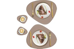 QPIX DIGITAL Faux Leather Placemats and Coasters Set of 2, Round Leather for Dinner Table Mats Heat Resistant Non-Slip Washable Insulation Coffee Mats Kitchen Place Mats Nordic Style,Apricot