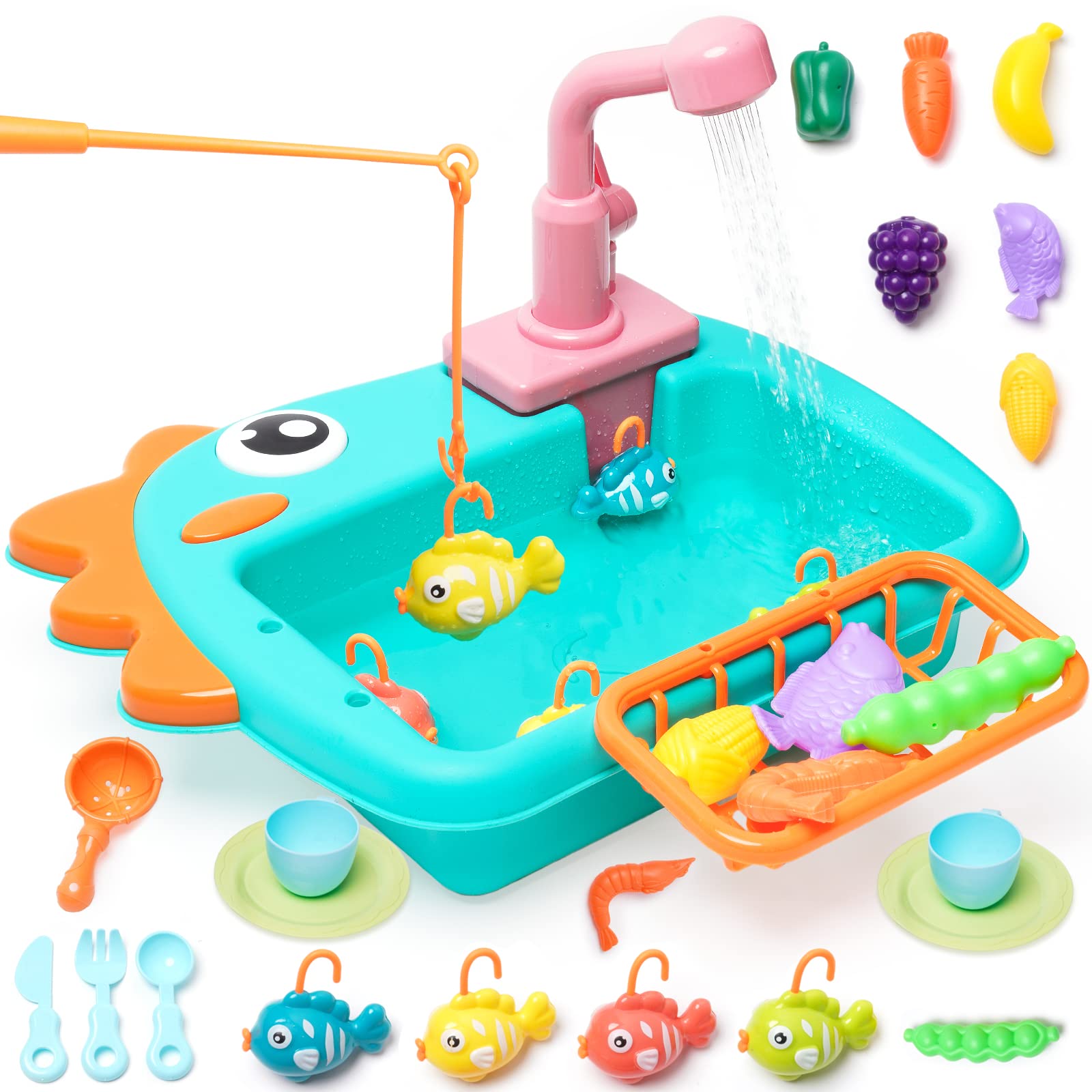 Kitchen Sink Toys Pretend Kitchen Toys for Kids with Tableware Accessories Vegetable Fruit Fishing Games for Toddlers Kids Kitchen Play Set with Running Water Gift for Girls and Boys