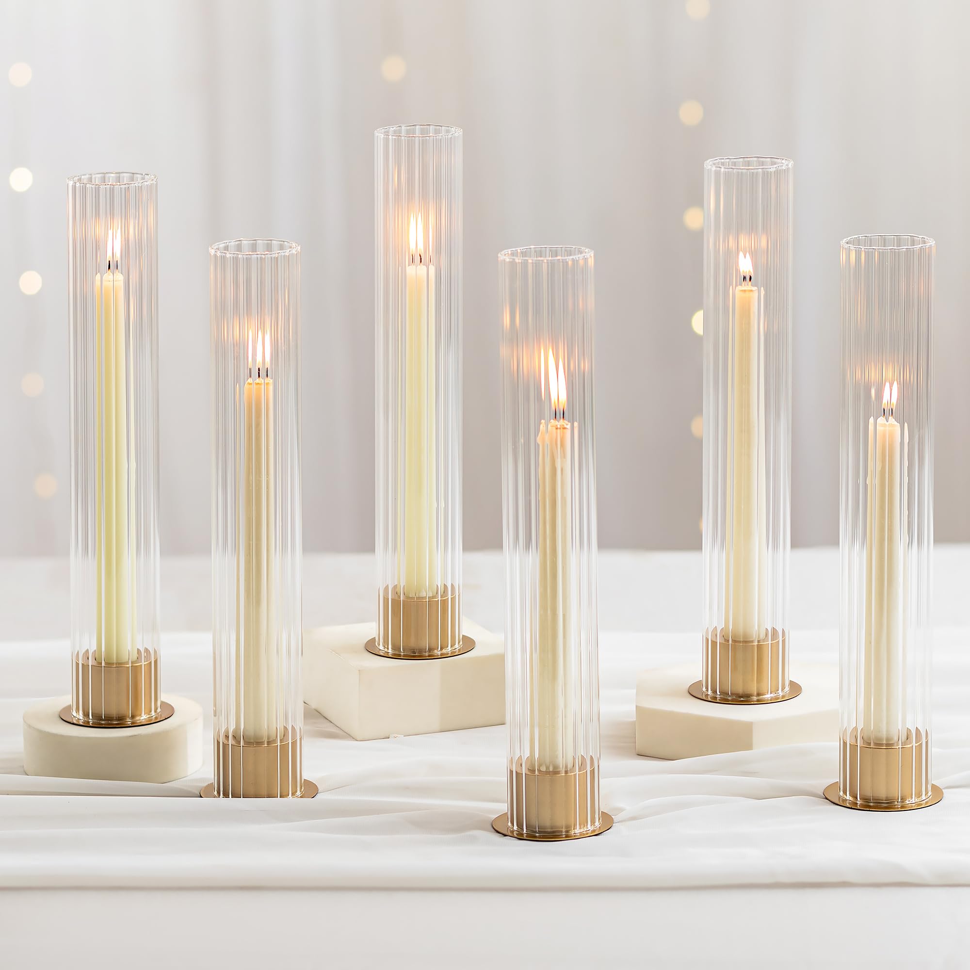 NUPTIO Candlestick Holder with Ribbed Hurricane: Set of 6 Metal Candle ...