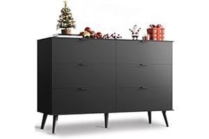 WLIVE Black Dresser for Bedroom, 47.24'' Wide 6 Drawer Wooden Dresser Storage Organizer with Sturdy Metal Handle, TV Stand for 55 inch TV, Chest of Drawers for Living Room, Hallway, Closet