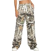 HVEPUO Camo Pants Women High Waisted Wide Leg Casual Y2K Camoflage Cargo Pants Baggy Elastic Waist Straight Jeans Trousers