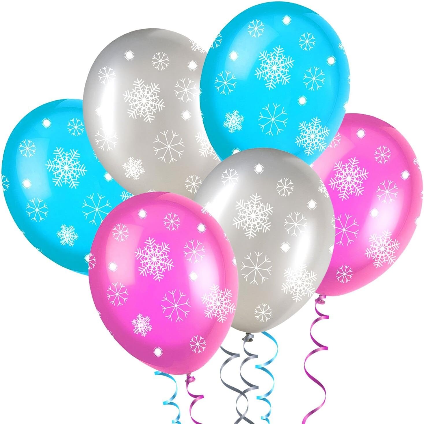Blue/Pink/Silver Snowflakes 11" Latex Balloons (12 Snowflake Balloons)