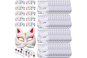 Realspring 50 Pcs Cat Masks Fox Masks Bulk Therian Cat Fox Masks to Paint Blank Animal DIY Costume Masks with 10 Set Acrylic Paints and Brushes for Halloween Party Masquerade Cosplay Art