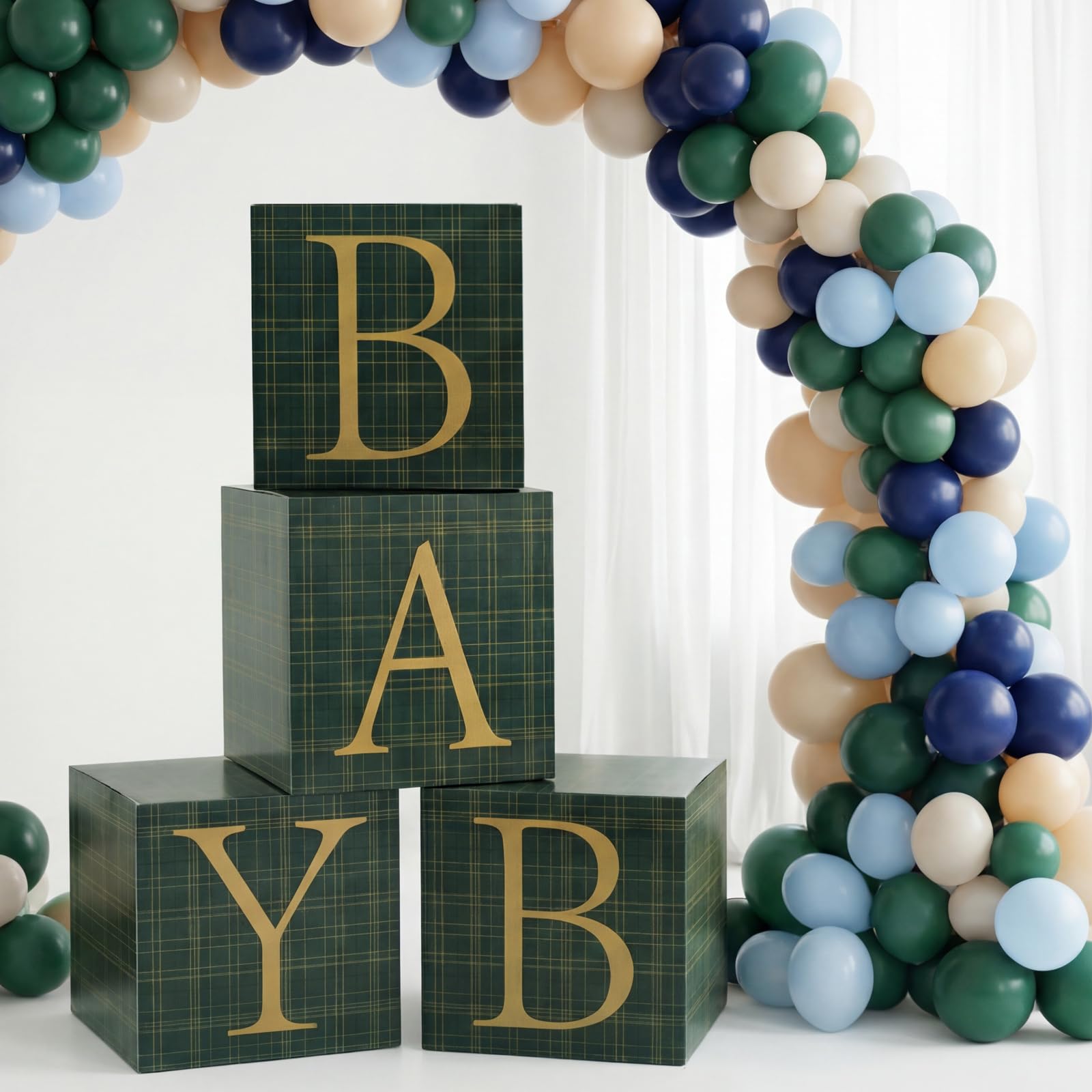 Photo 1 of Vicenpal Blue Green Tartan Plaid Baby Shower Boxes with Letters for Baby Shower Decorations Bear Themed Gender Reveal Decoration Photo Prop & Forest Animal Nursery Decor Set of 4 Birthday Party Favors