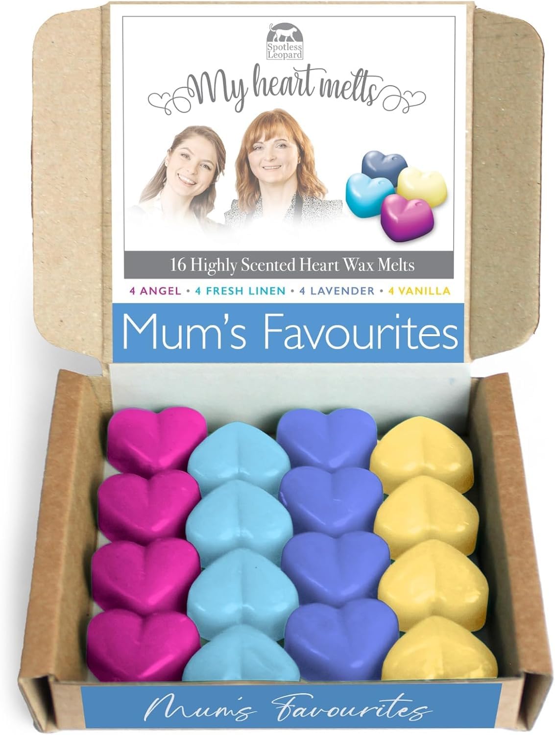 Mum's Favourites - Mixed Wax Melts - 4 Each of 4 Angel,4 Fresh Linen, 4 Lavender, 4 Vanilla Wax Melts Gift Set for Mother's Day 16 x 5 g Heart Shaped Scented.