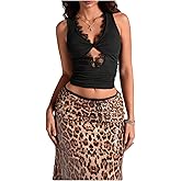 SHENHE Women's Lace Trim Twist Front Cutout Deep V Neck Sleeveless Sexy Fitted Crop Tank Camisole Vest Top