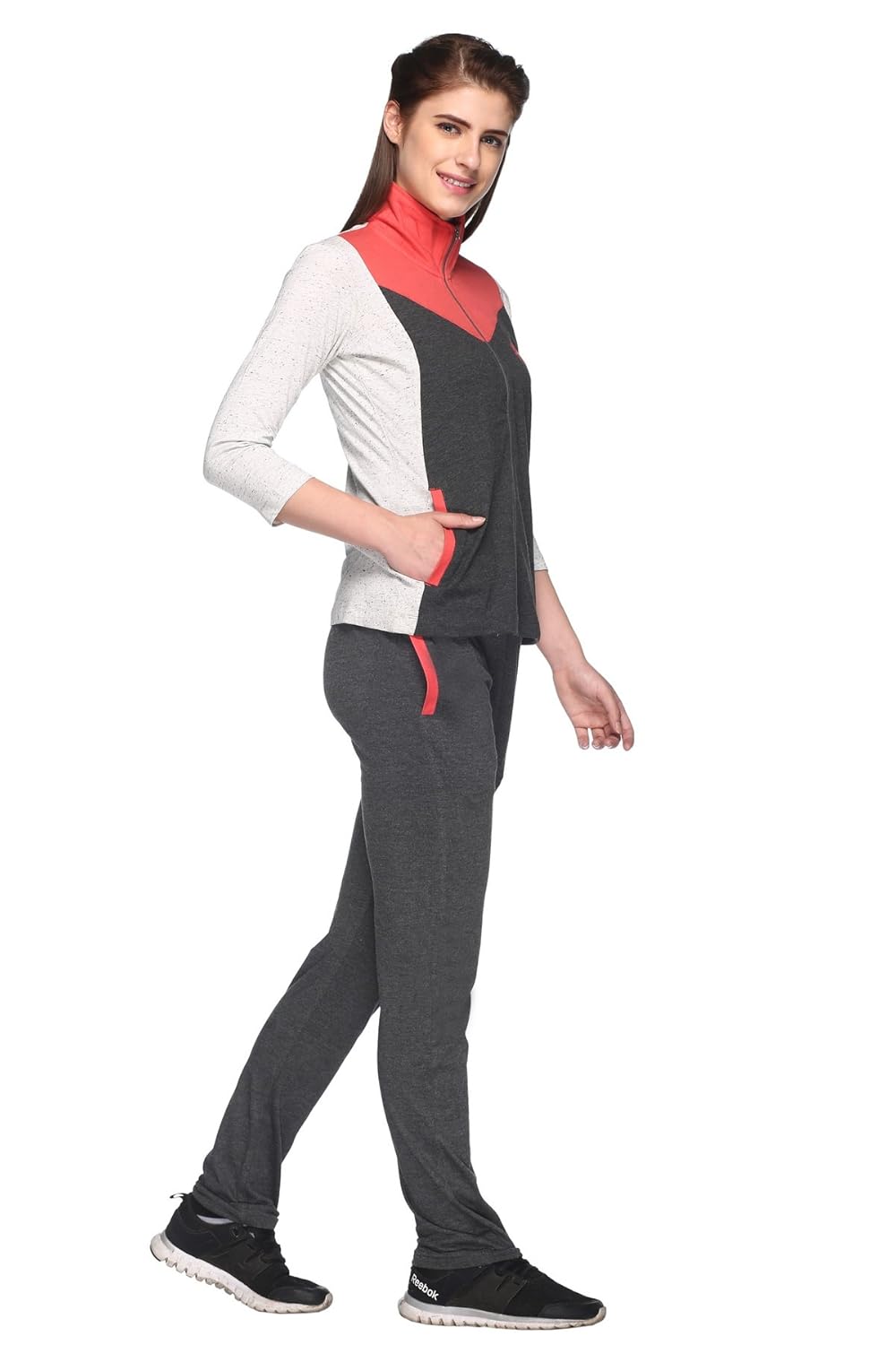 ex10sive women's front zipper cotton blended active wear top and bottom set