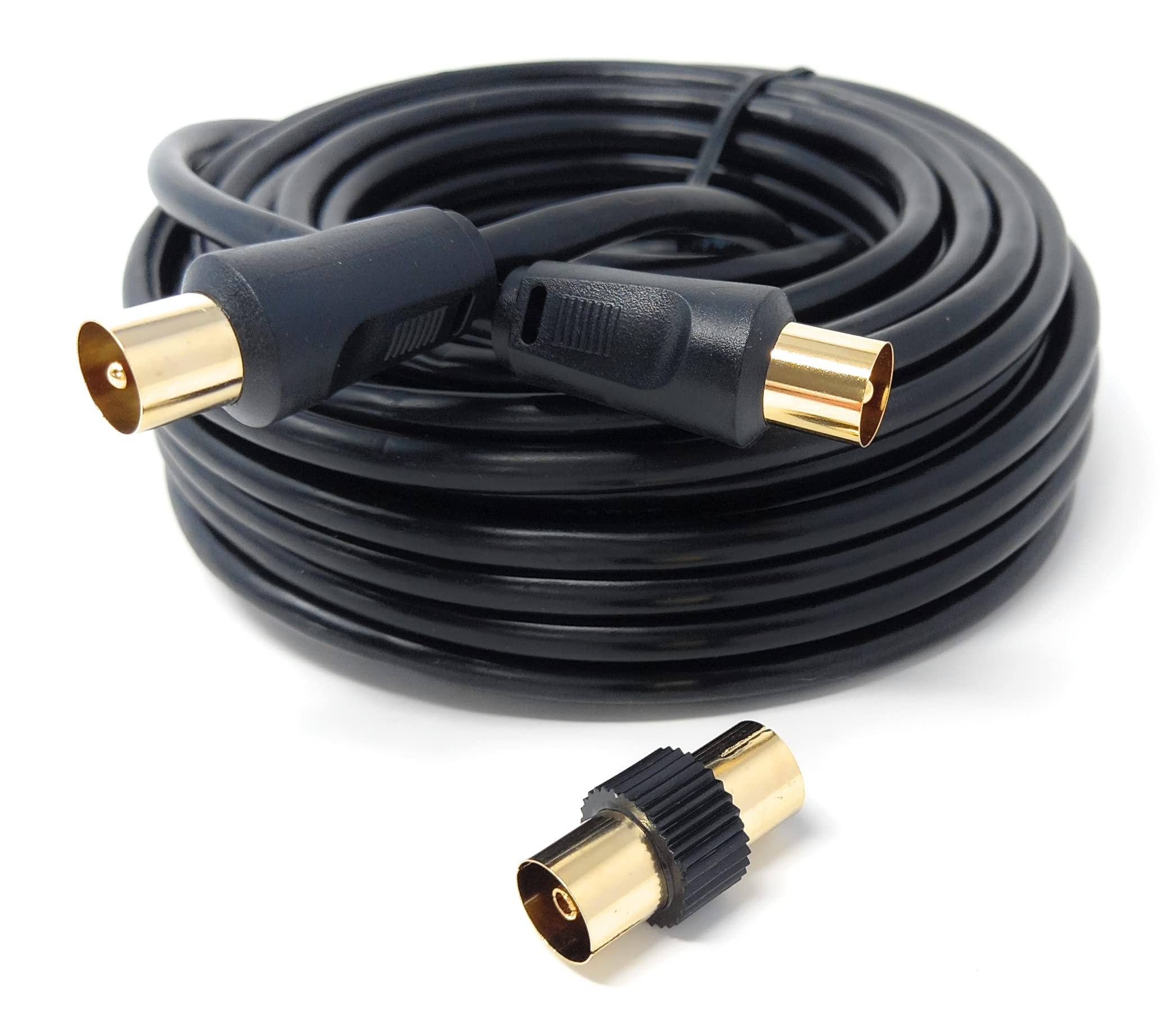 DRUT 10m TV RF Male to Male Aerial Antenna Coaxial Cable With Female to Female Coupler Gold Connectors 75 ohm 3C2V 33ft Black