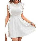 Floerns Women's Eyelet Embroidery A Line Dress Crew Neck Ruffle Trim Short Dresses