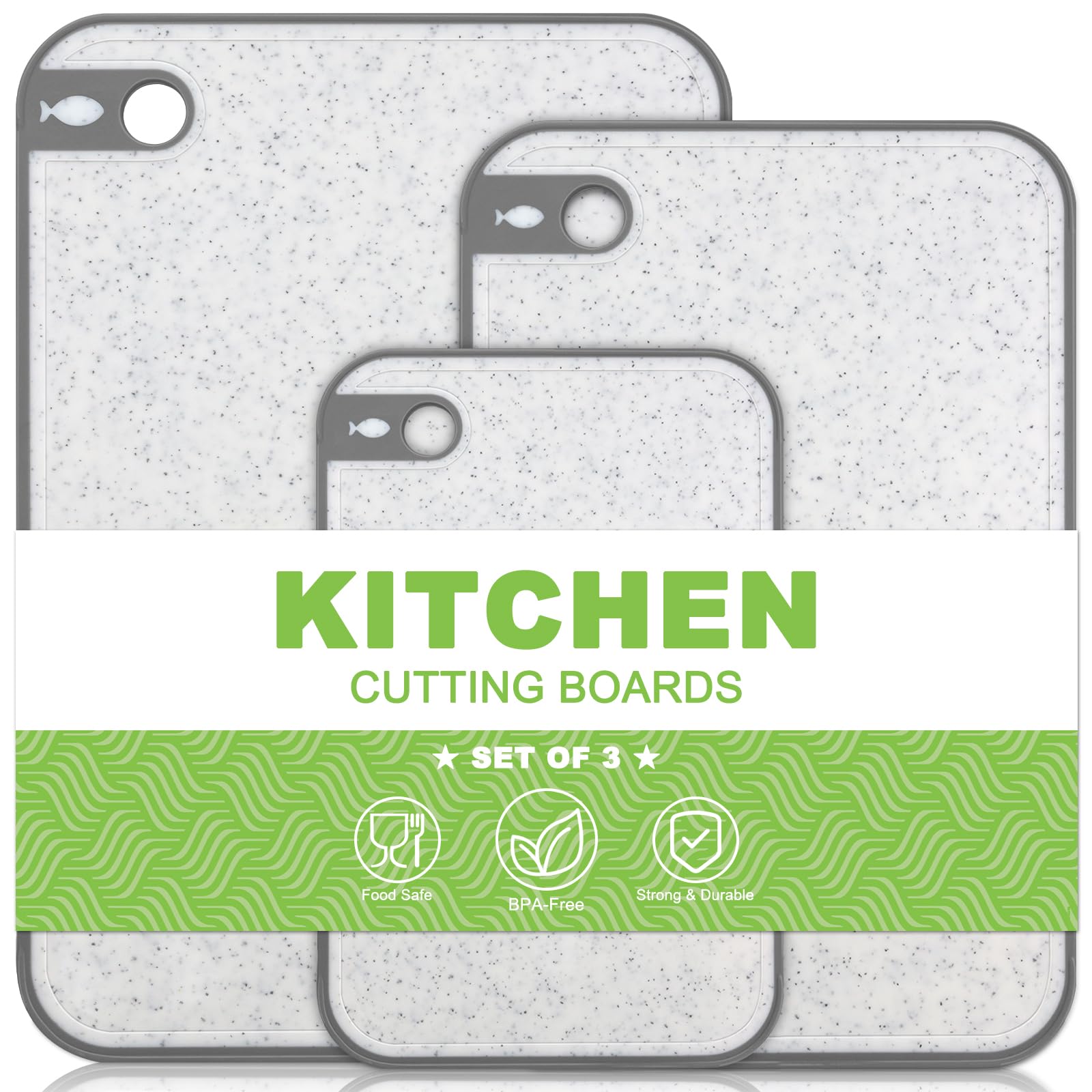 Chopping Board, BPA Free Plastic Chopping Board Sets with Juice Grooves and Garlic Grating Groove, Non-Slip Cutting Boards for Kitchen with Hanging Hole, White Cutting Boards for Meat/Vegetable/Fruit