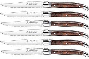 Trudeau Laguiole Steak Knives Set of 6 – Premium Stainless Steel Serrated Blades with Pakkawood Handles – Dishwasher Safe Ste