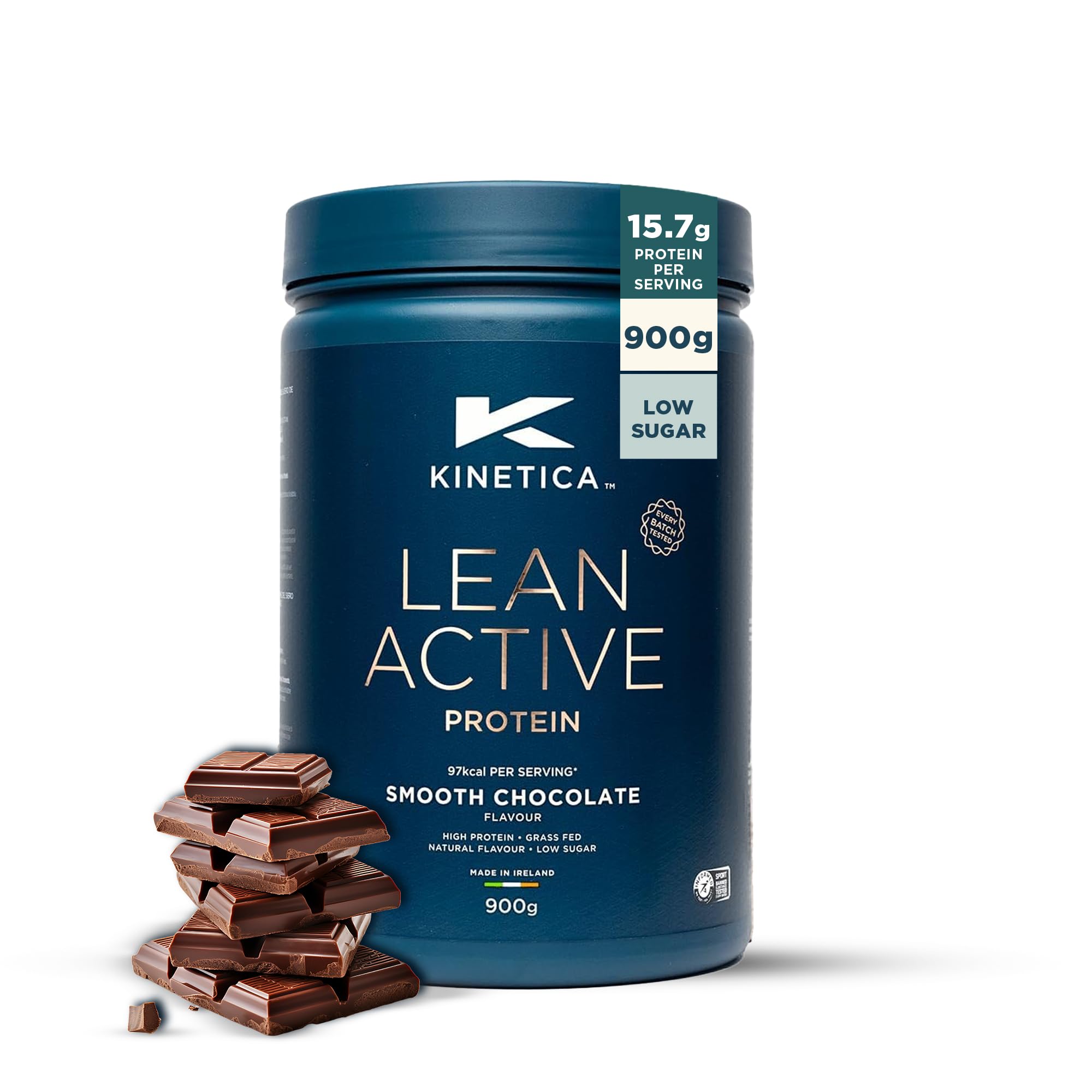Kinetica Sports Lean Active Protein Powder - Smooth Chocolate Flavour | 16g Protein/Serve, 36 Servings/900g Pack | High in Fibre & Protein with Green Tea Extract | Low in Fat & Sugar | Easy Mixability