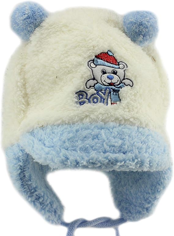 Amazon Com For You Baby Boy Warm Ear Flap Winter Pom Pom Beanie Hat White Blue Clothing