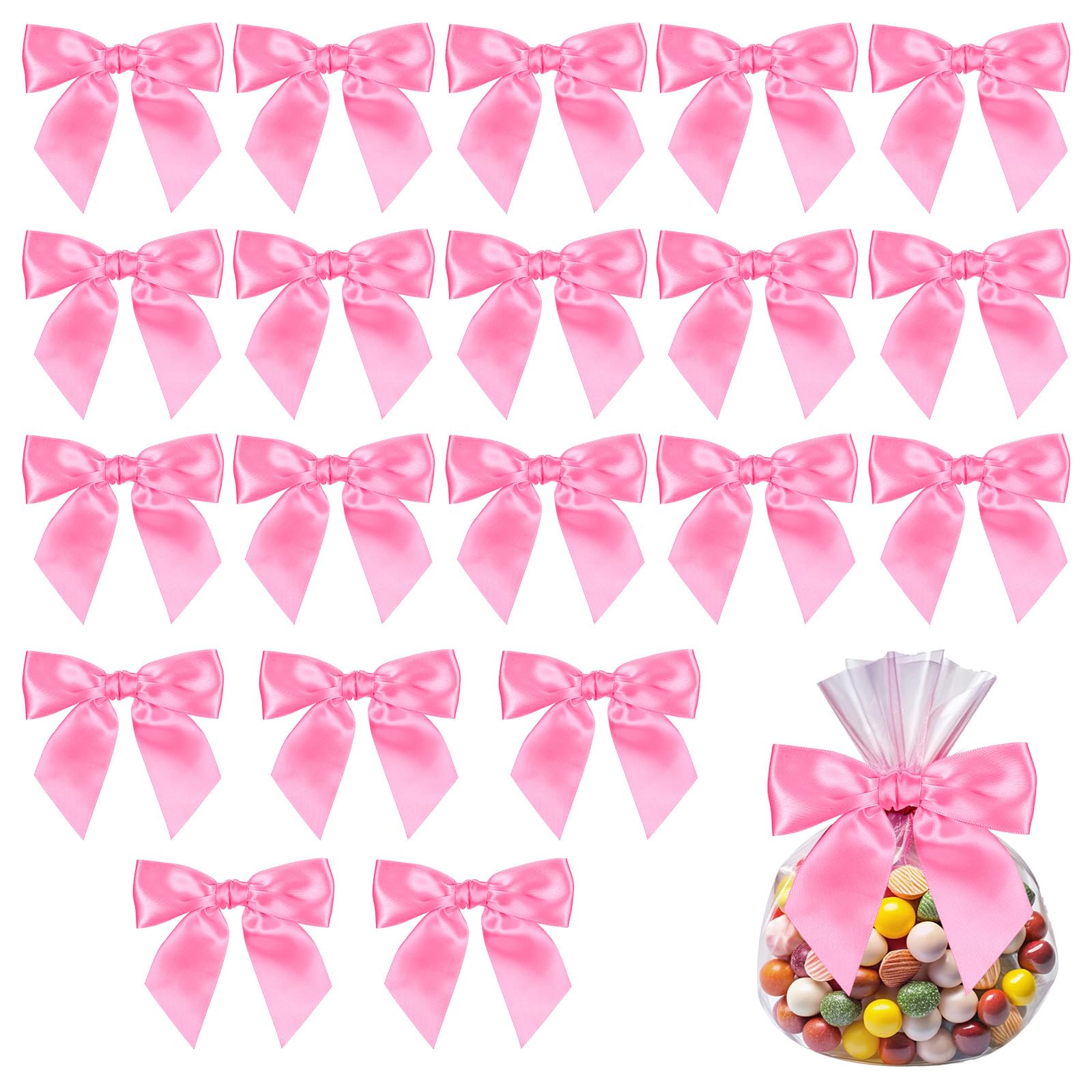 Photo 1 of 20Pcs Bows for Crafts 4.5" Pre-Tied Twist Tie Bows for Baby Shower Satin Ribbon Bowknot for Wrapping Gift Birthday Treat Bags (Hot Pink)