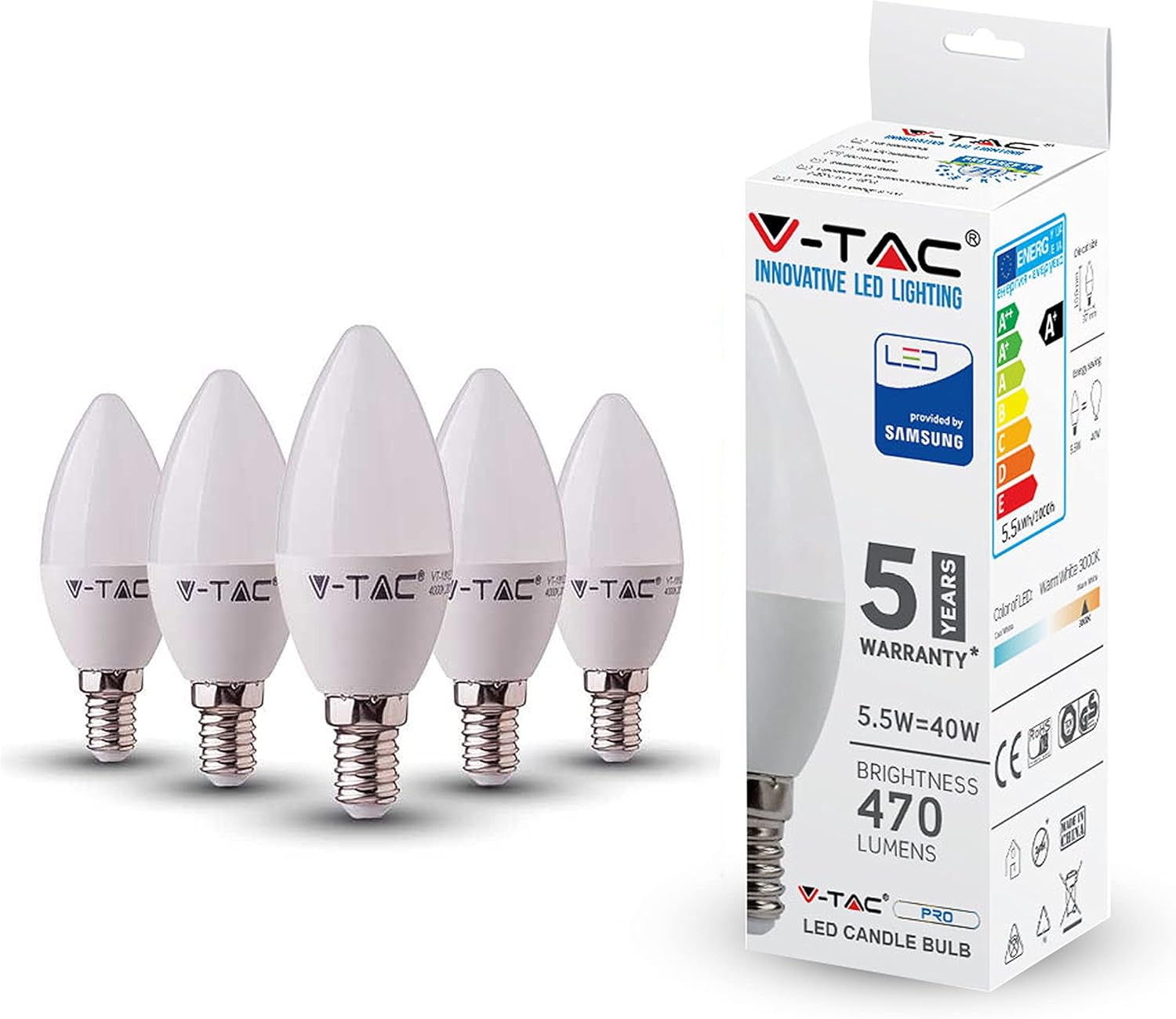 V-TAC E14 LED Candle Bulbs, Day White, 5 Count (Pack of 1)