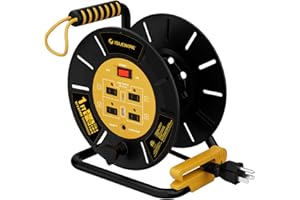 ISLEWIRE Extension Cord Storage Reel with 4-Grounded Outlets & 2 USB Ports, Heavy Duty Open Cord Reel for 12/3,14/3,16/3 Gauge Power Cord, Hand Wind Retractable, 15A Circuit Breaker, ETL Listed, Yellow