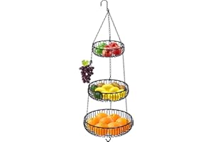 SimpleHouseware 3-Tie Hanging Fruit Basket, Oblate, Black