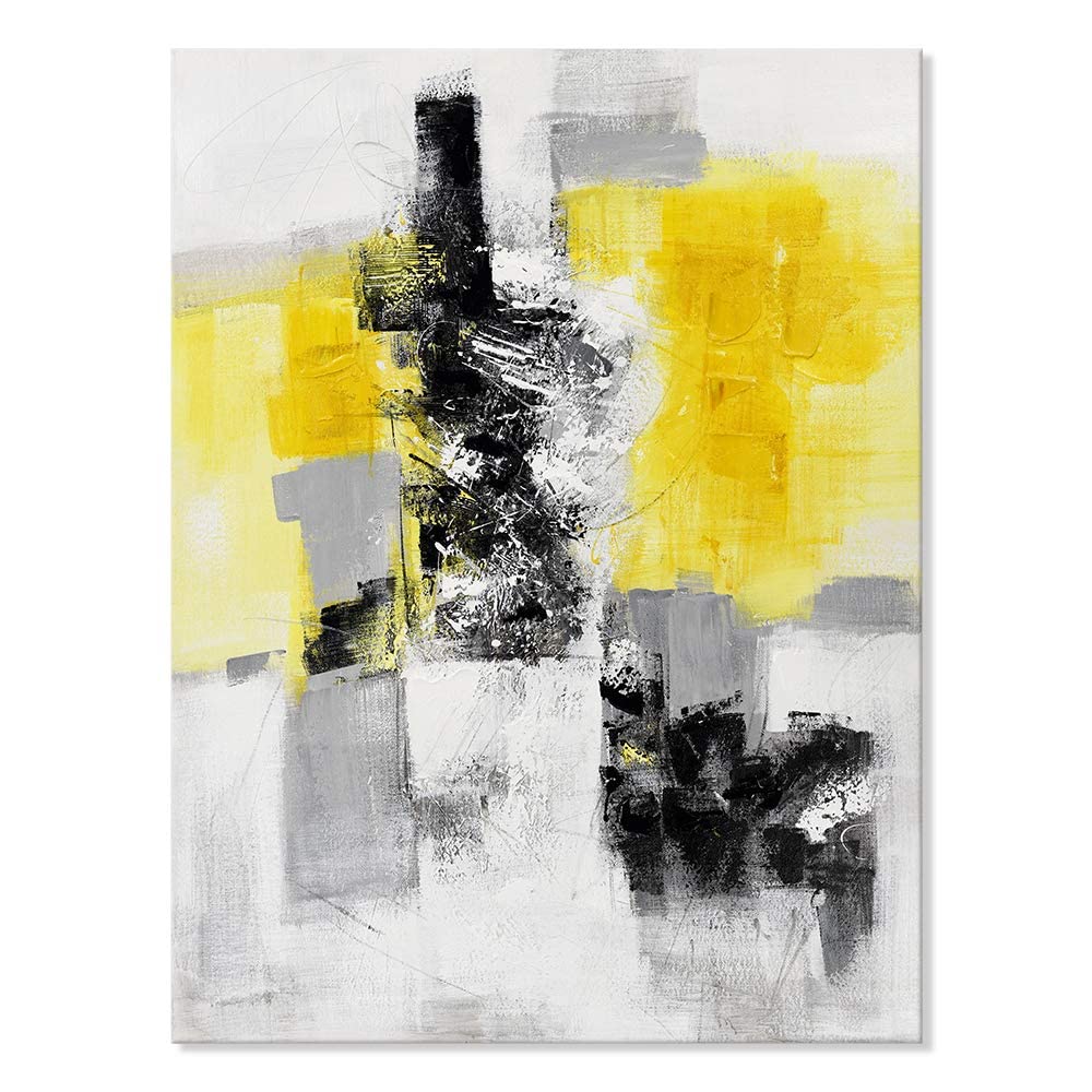 Photo 1 of 7Fisionart Yellow Abstract Canvas Wall Art Grey Black Pictures Modern Geometric Painting Mustard Bathroom Decor for Living Room Bedroom Kitchen Home Office Decor 12" x 16"
