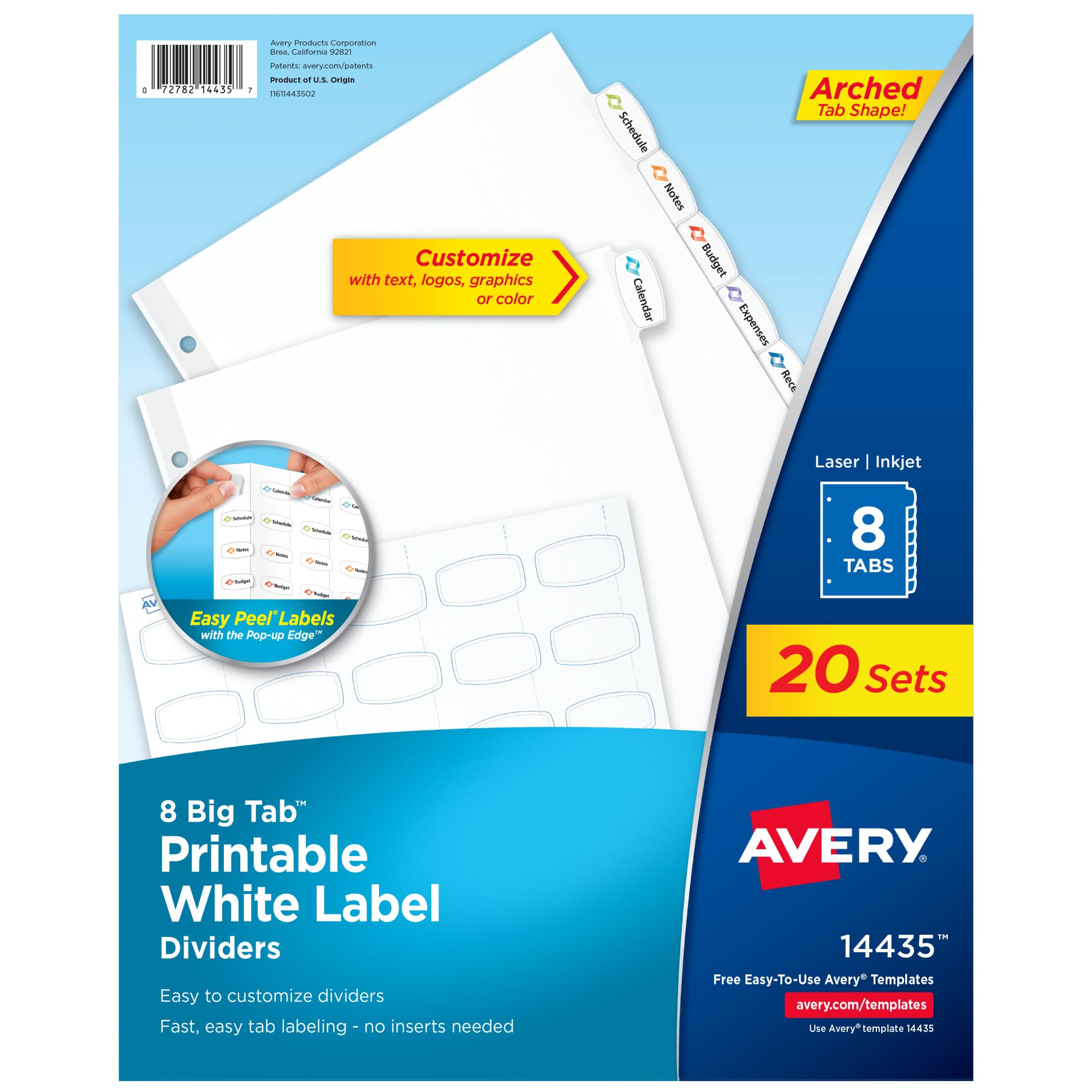 Avery Big Tab Printable White Label Dividers with Easy Peel, 8 Tabs, 20 Sets (14435)