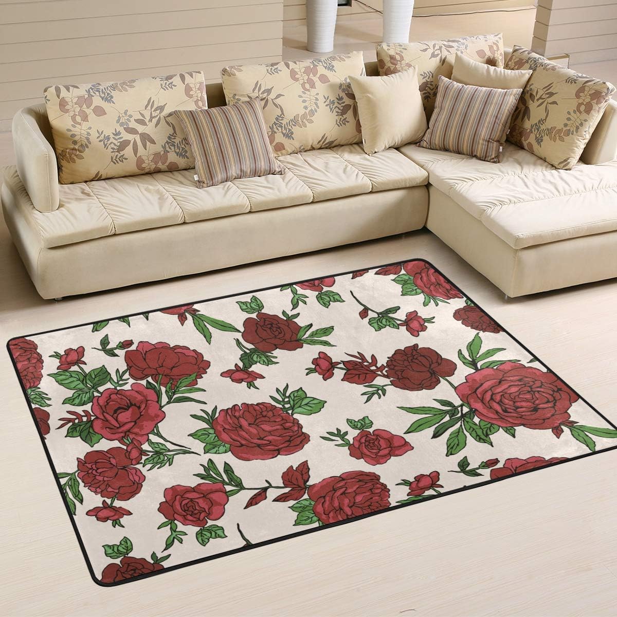 JSTEL Washable Soft Red Roses Area Rugs 180 x 120 cm (6 x 4 Feet