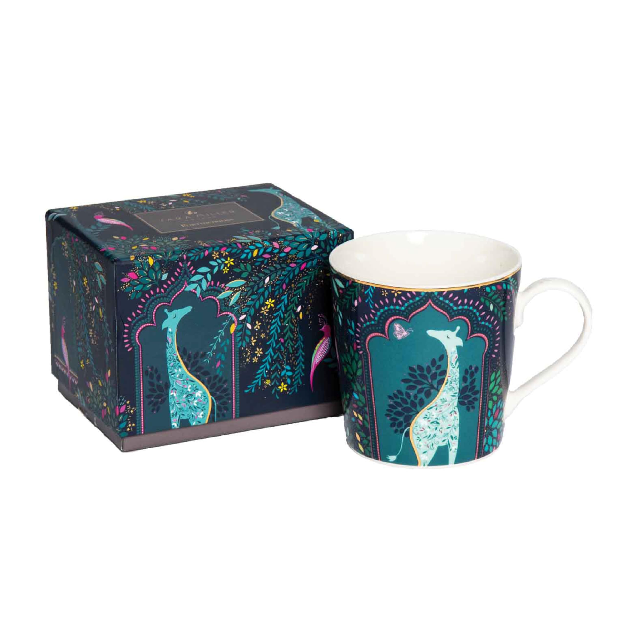 Portmeirion x Sara Miller London Coffee Mug with Handle - India Collection, Giraffe's Courtyard Midnight Design, Elegant and Sophisticated Fine China Mug with 22ct Gold Detailing, 344ml