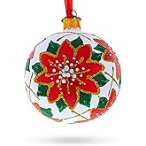 Poinsettia Flowers on White Glass Ball Christmas Ornament 3.25 Inches