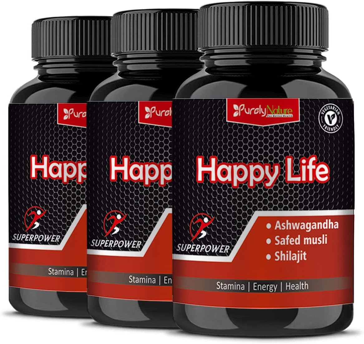 Purely Nature Happy Life Shilajit, Safed Musli & Ashwagandha - 60 Capsule (Pack of 3)