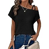 Dokotoo Womens Summer Tops Off One Shoulder Waffle Knit Short Sleeve T-Shirts Casual Lightweight Solid Color Blouses