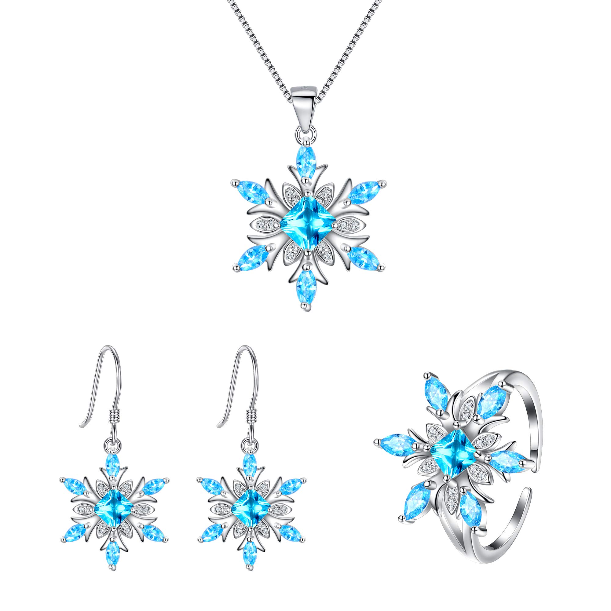 Ever Faith 925 Sterling Silver Sky Blue CZ Winter Snowflake Pendant Necklace Hook Earrings Cuff Ring Jewelry Set