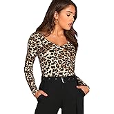 Verdusa Women's Long Sleeve V Neck Fitted Leopard Cheetah Tops