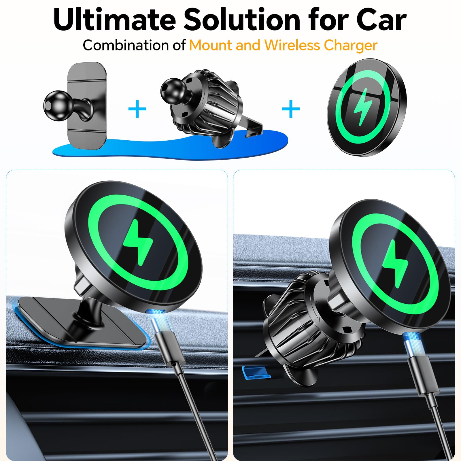 Coolpow for Magsafe Car Mount Charger【100% Stable】 15W Magsafe Car Charger Magnetic Phone Holders for Your Car Accessories for Women Men Car Phone Holder Wireless Car Charger for iPhone 17 16 15 14 13