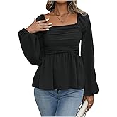 Floerns Women's Bishop Long Sleeve Ruched Square Neck Ruffle Hem Peplum Blouse Top