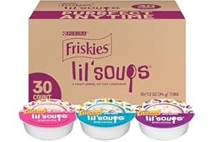 Friskies Purina Grain Free Wet Cat Food Lickable Cat Treats Variety Pack, Lil' Soups With Salmon, Tuna or Shrimp - (Pack of 30) 1.2 oz. Cups