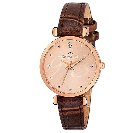 SWISSTONE CK319-CP-BRW Brown Leather Strap Wrist Watch for Women