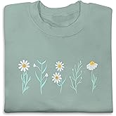 NACRE APPAREL Daisy Lover Embroidered Sweatshirt Wildflowers Crewneck Flower Embroidery Botanical Plant