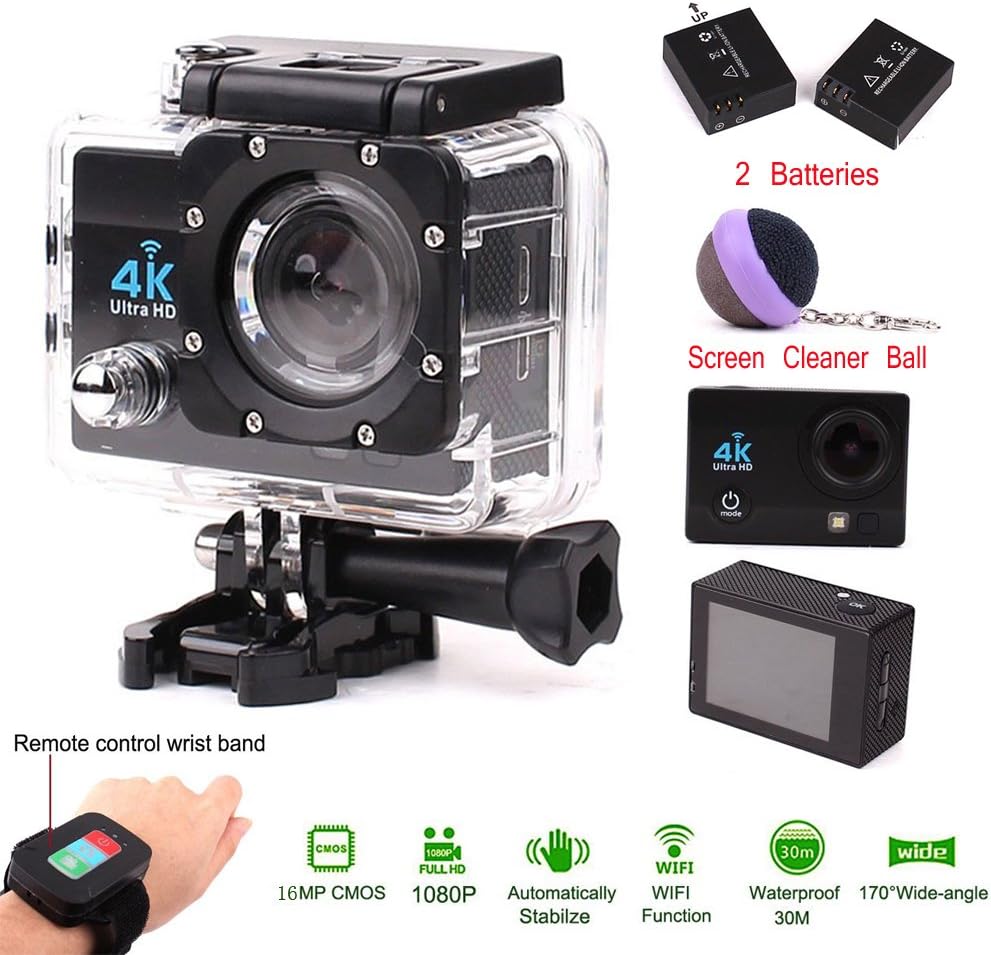 4K Ultra HD WiFi Sports Cam,2.0" 1080P 16MP Screen 170 Super Wide Angle Lens with 2.4G Wireless RF Remote Control for Outdoor Sports,Diving Underwater Deep Waterproof Photography-Black